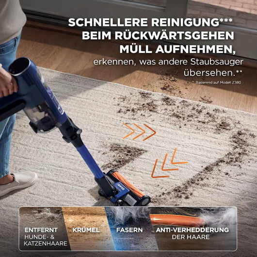 Aspirateur sans fil PowerClean Foldora™ de B.D shop avec tube flexible et tête de nettoyage, posé sur un sol moderne.